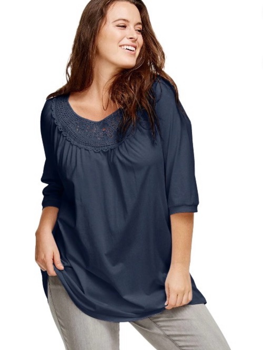 Ellos Navy Blue Crochet Trim Tunic Blouse - Plus Size 2X (26/28) - Boho Peasan